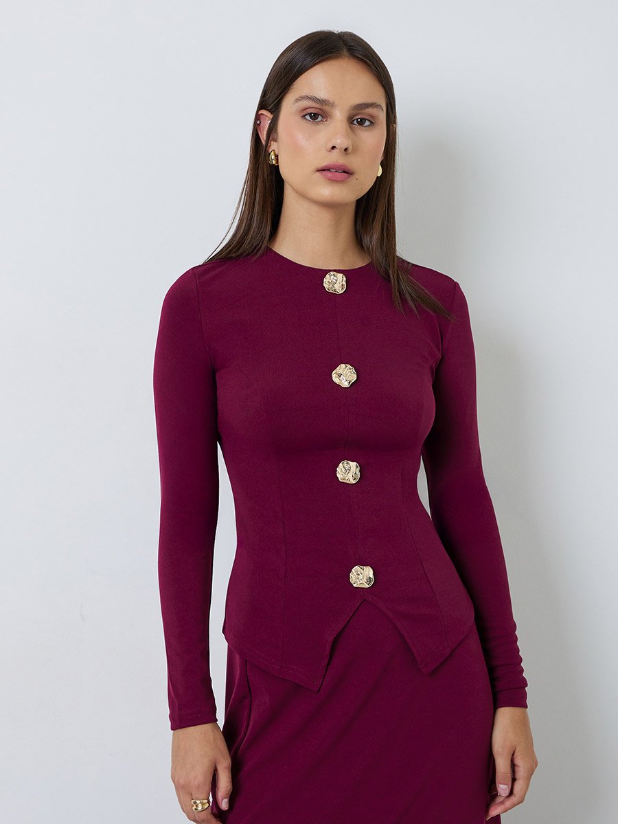 Burgundy Long Sleeve Knit Top with Gold Buttons