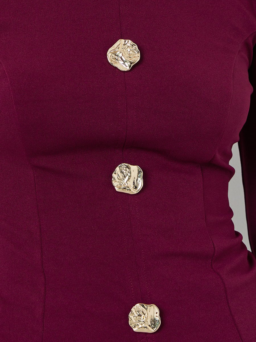 Burgundy Long Sleeve Knit Top with Gold Buttons