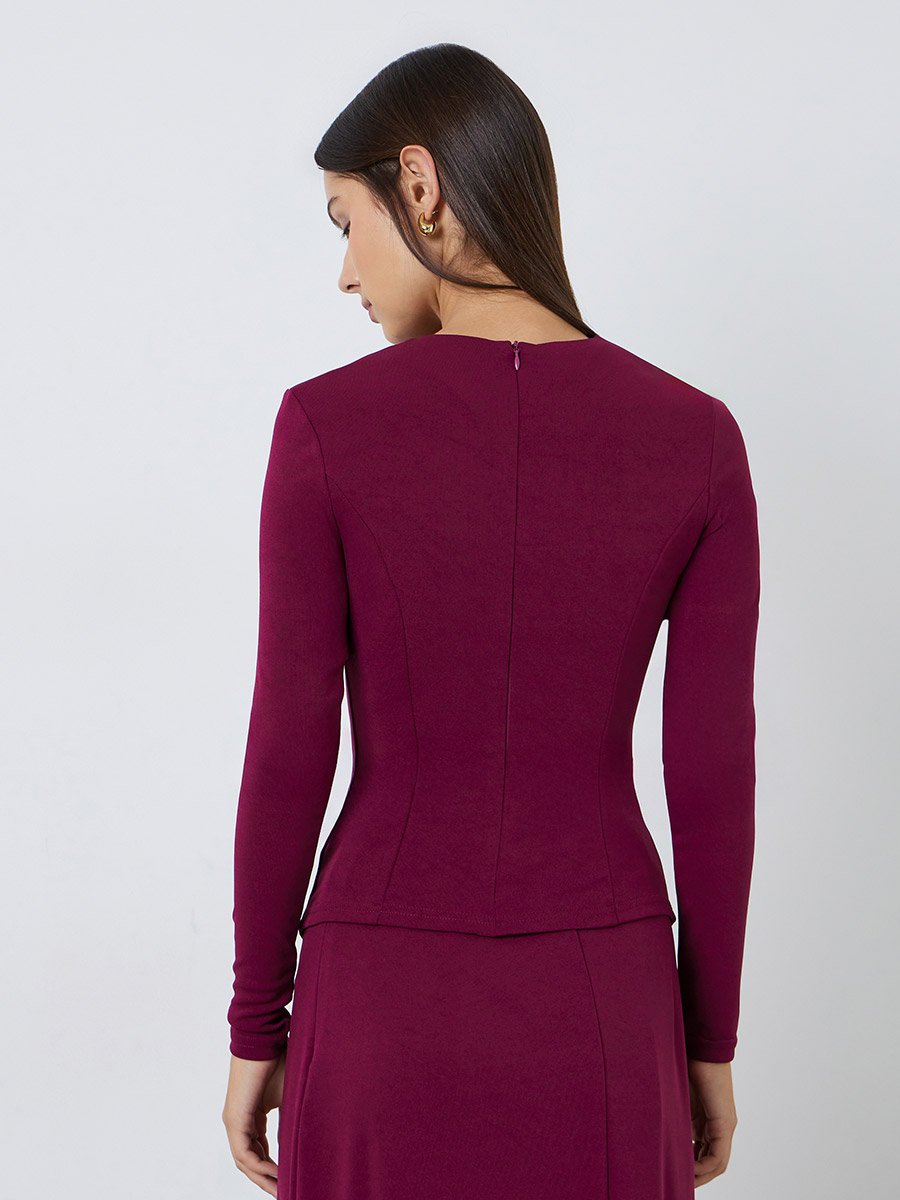Burgundy Long Sleeve Knit Top with Gold Buttons