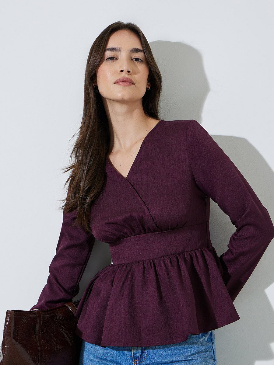 Burgundy Solid Ruffled Details V-Neck Peplum Blouse