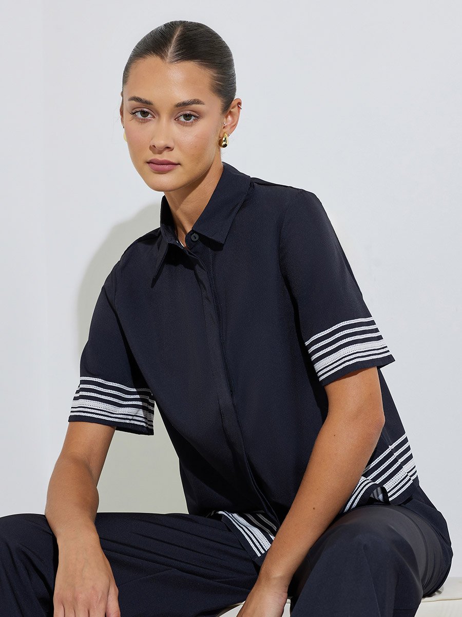 Black Short Sleeve Contrast Striped Trims Crop Shirt