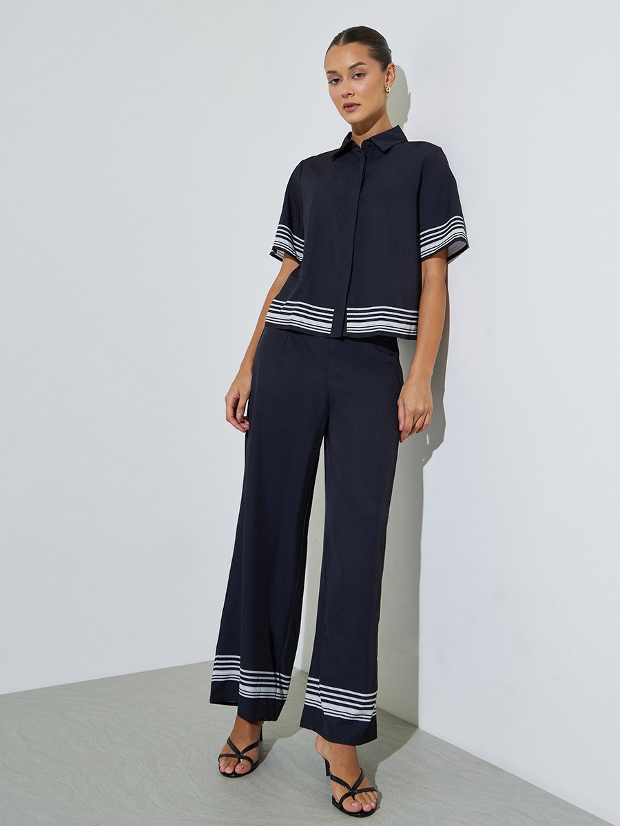 Black Short Sleeve Contrast Striped Trims Crop Shirt