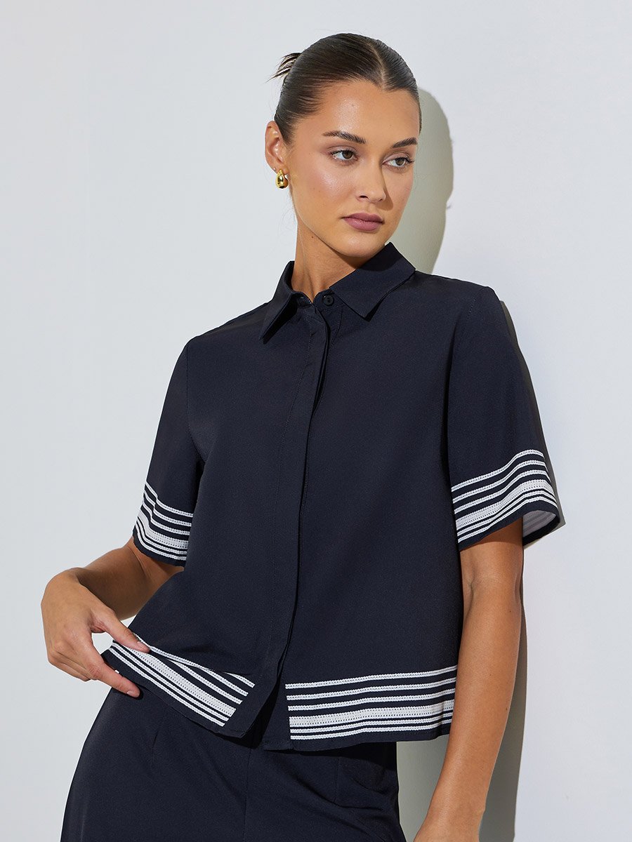 Black Short Sleeve Contrast Striped Trims Crop Shirt