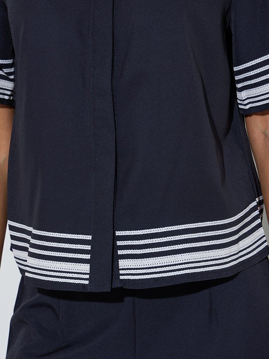 Black Short Sleeve Contrast Striped Trims Crop Shirt