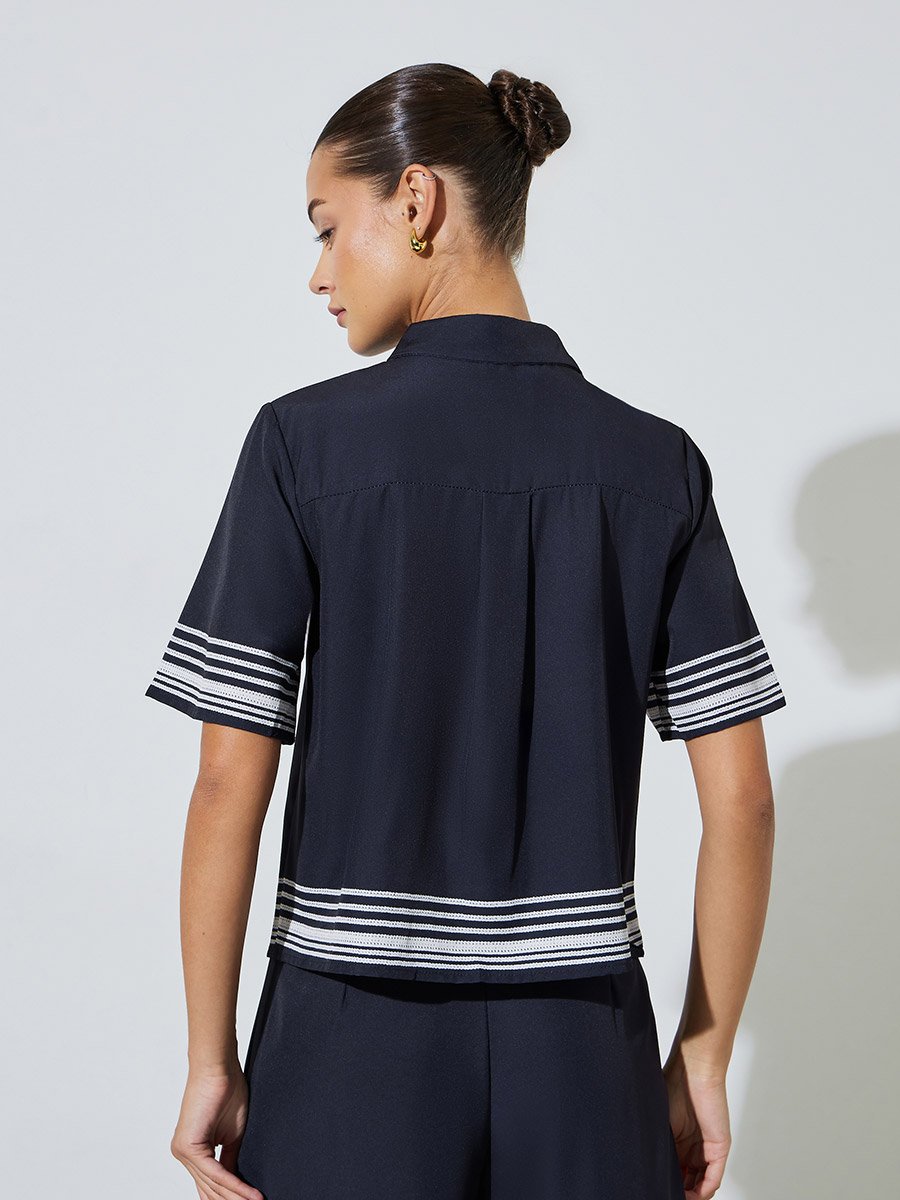 Black Short Sleeve Contrast Striped Trims Crop Shirt