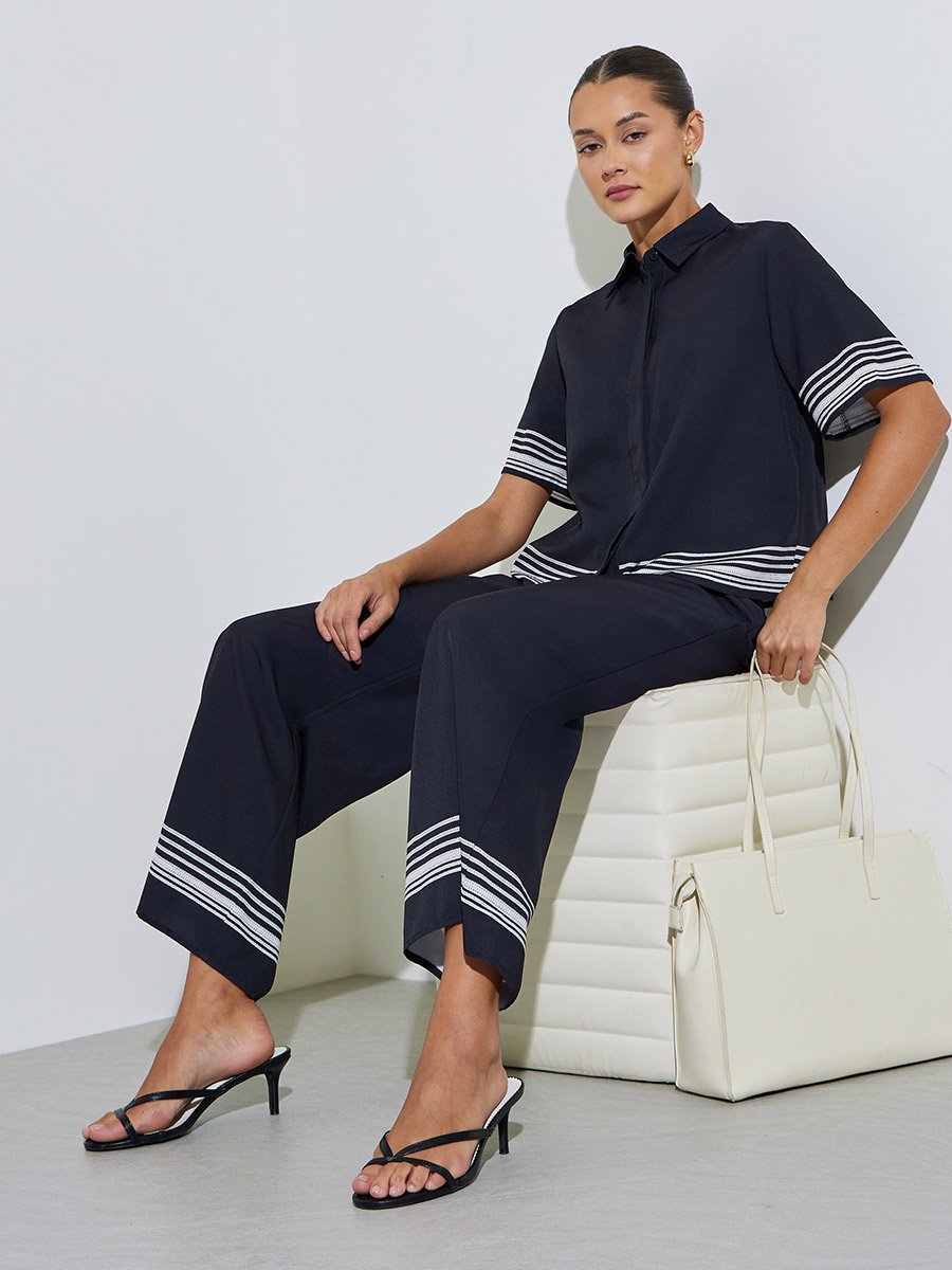 Black Short Sleeve Contrast Striped Trims Crop Shirt