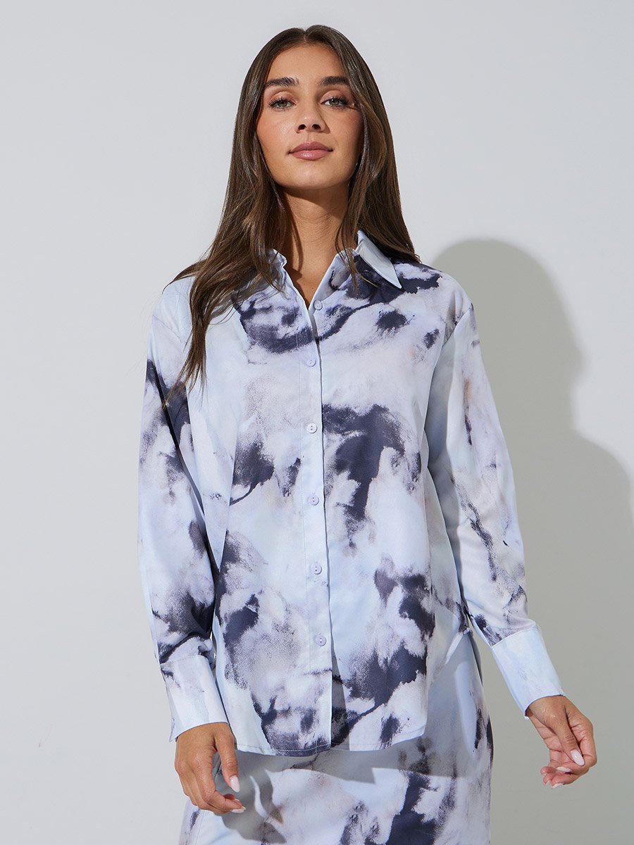 Grey Longline Abstract Print Oversized Shirt