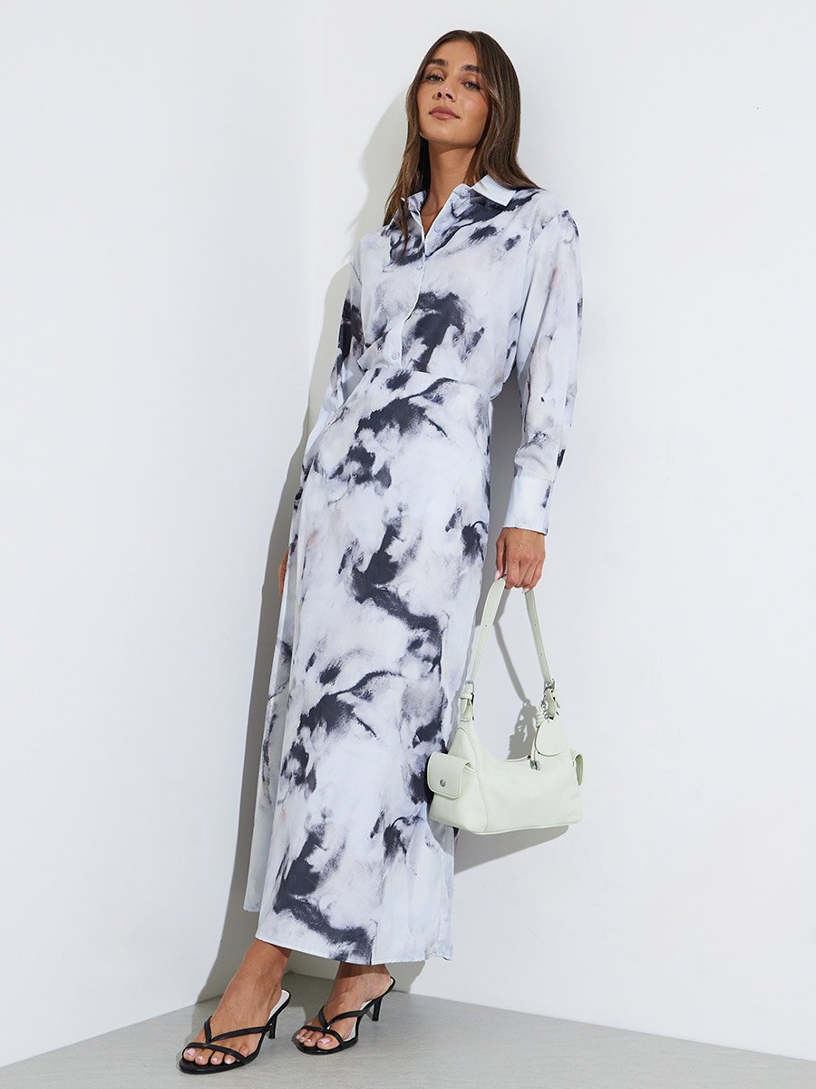 Gray Graphic Print Flared Maxi Skirt