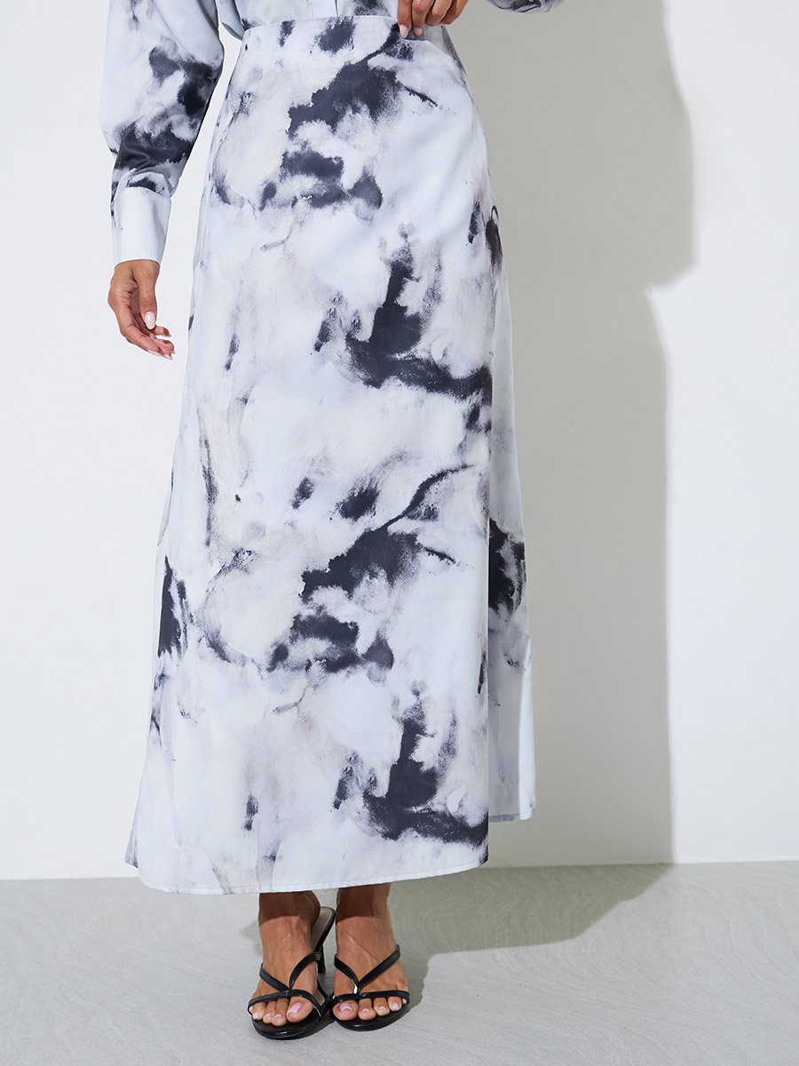Gray Graphic Print Flared Maxi Skirt