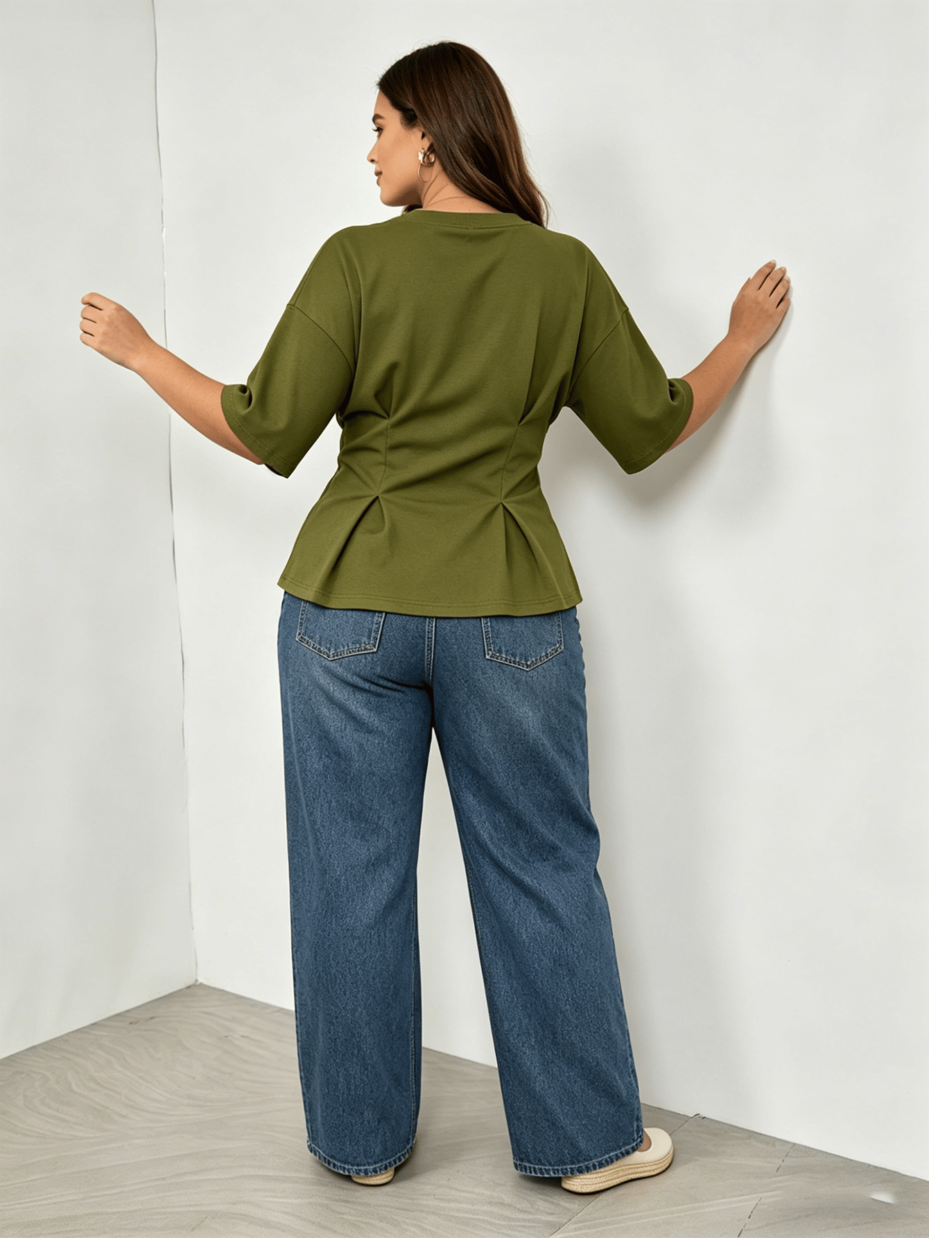 Olive Cinched Waist Round Neck Top