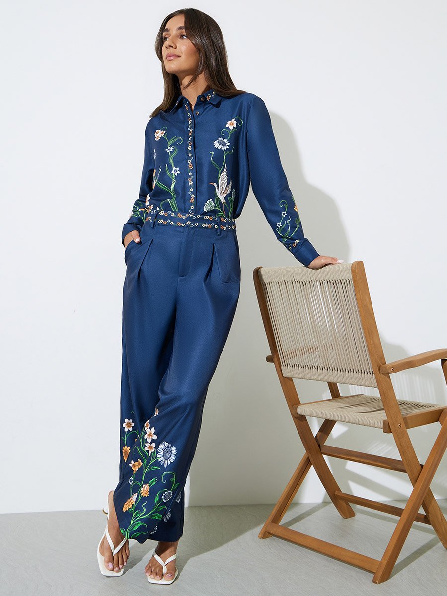 Navy Blue Floral Print Wide Leg Trousers