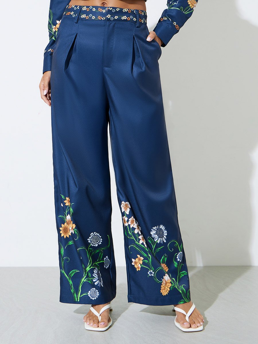 Navy Blue Floral Print Wide Leg Trousers