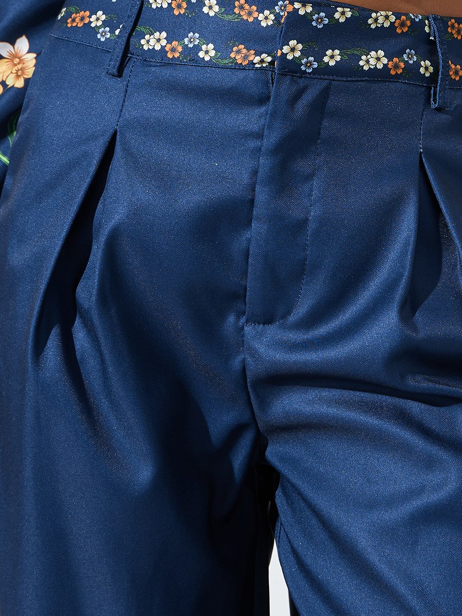 Navy Blue Floral Print Wide Leg Trousers