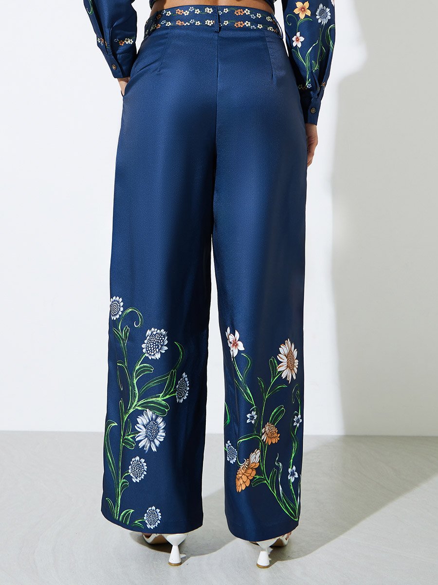 Navy Blue Floral Print Wide Leg Trousers