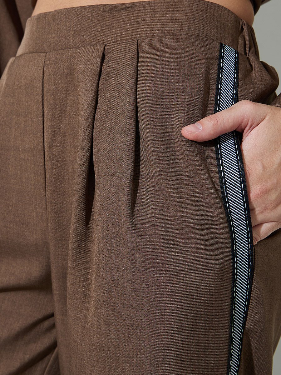 Brown Solid Wide Leg Pants with Side Lace Detail