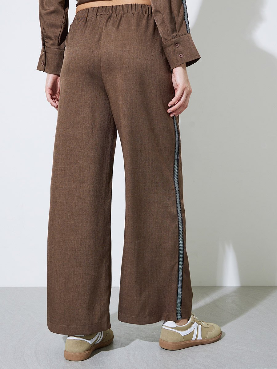 Brown Solid Wide Leg Pants with Side Lace Detail