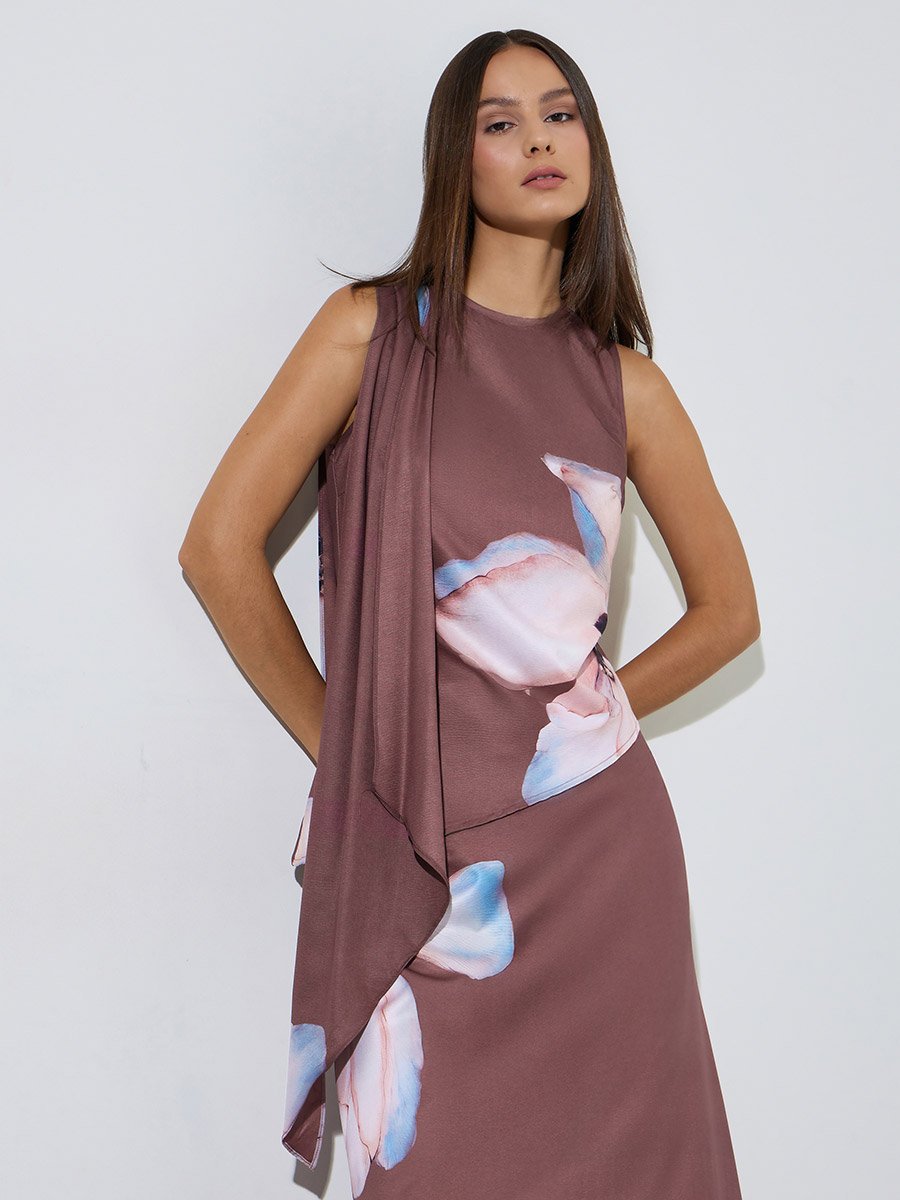 Rust Printed Asymmetric Drape Cowl Neck Knit Top
