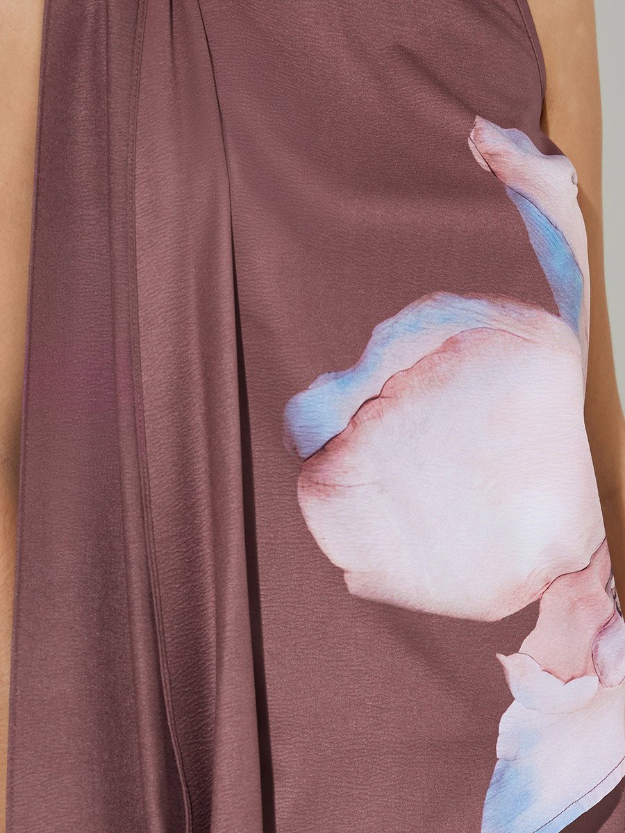 Rust Printed Asymmetric Drape Cowl Neck Knit Top