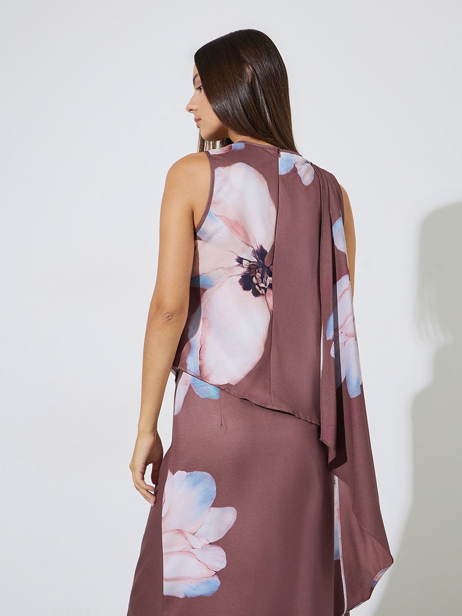 Rust Printed Asymmetric Drape Cowl Neck Knit Top