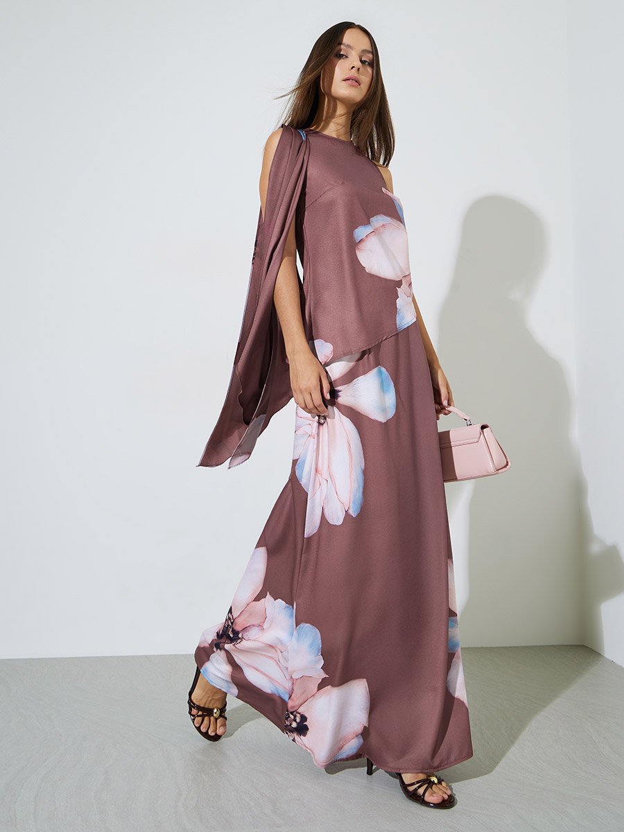 Rust Floral Print Flared Maxi Skirt
