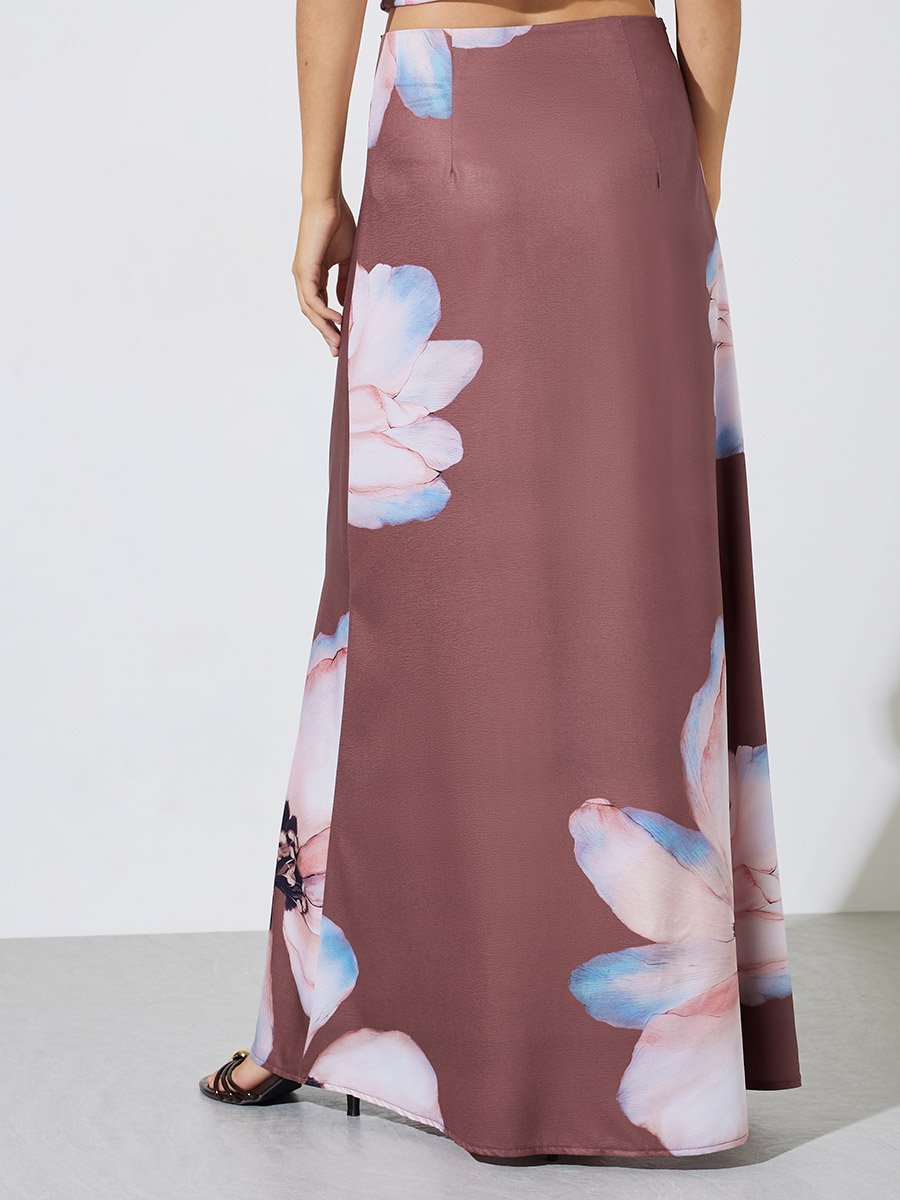 Rust Floral Print Flared Maxi Skirt