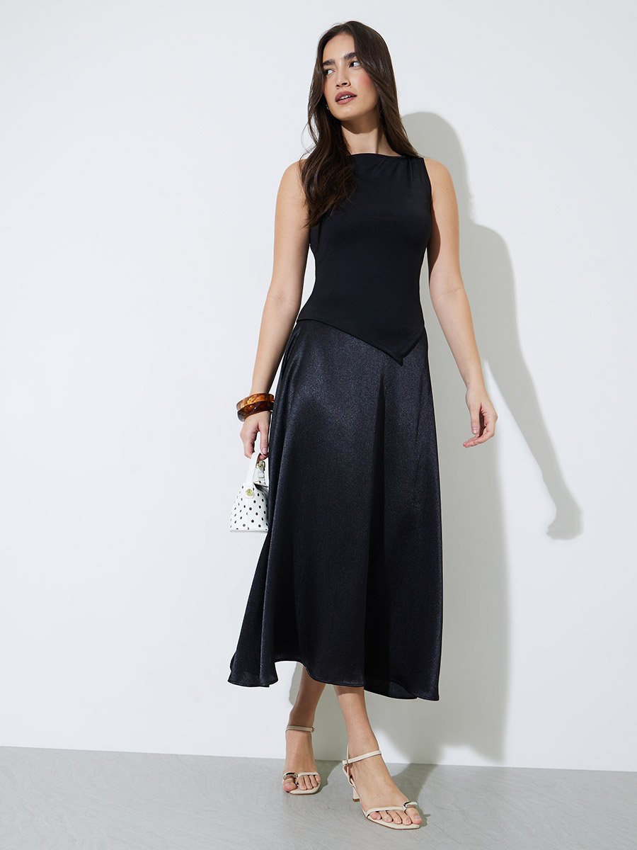 Black Solid Satin A-Line Midi Skirt