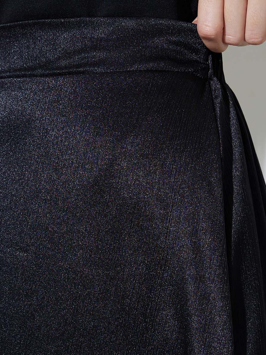 Black Solid Satin A-Line Midi Skirt