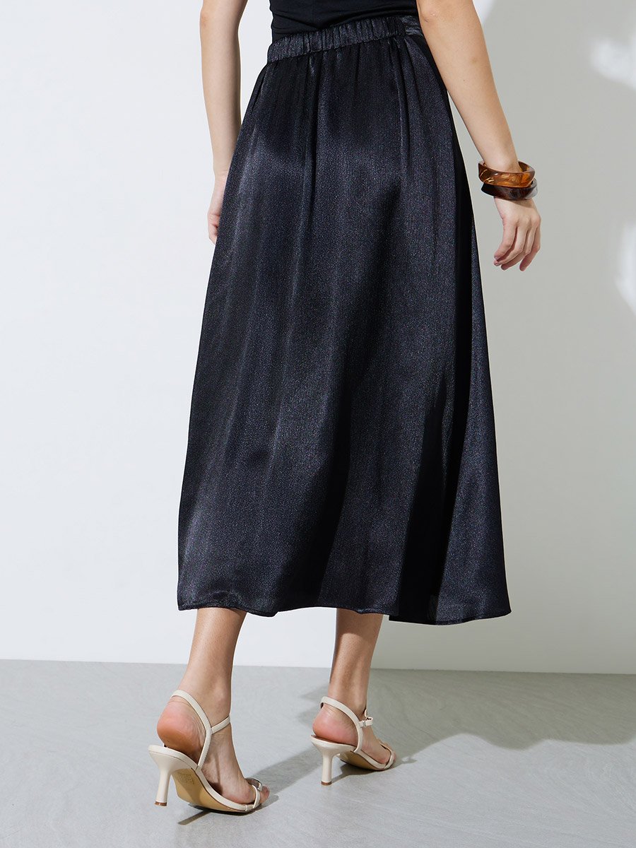 Black Solid Satin A-Line Midi Skirt