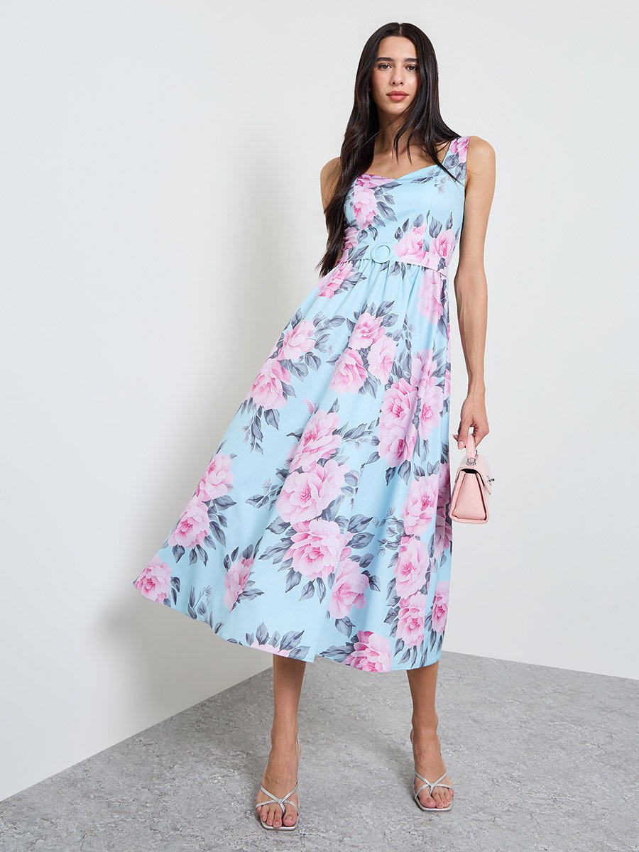 Blue Floral A-Line Midi Dress
