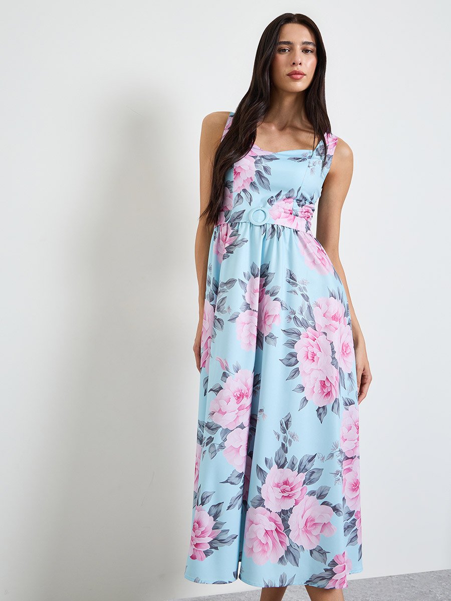 Blue Floral A-Line Midi Dress