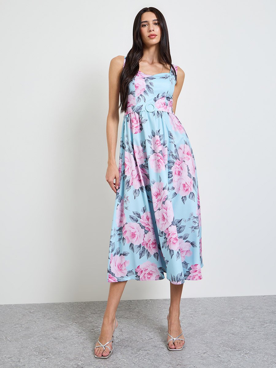 Blue Floral A-Line Midi Dress