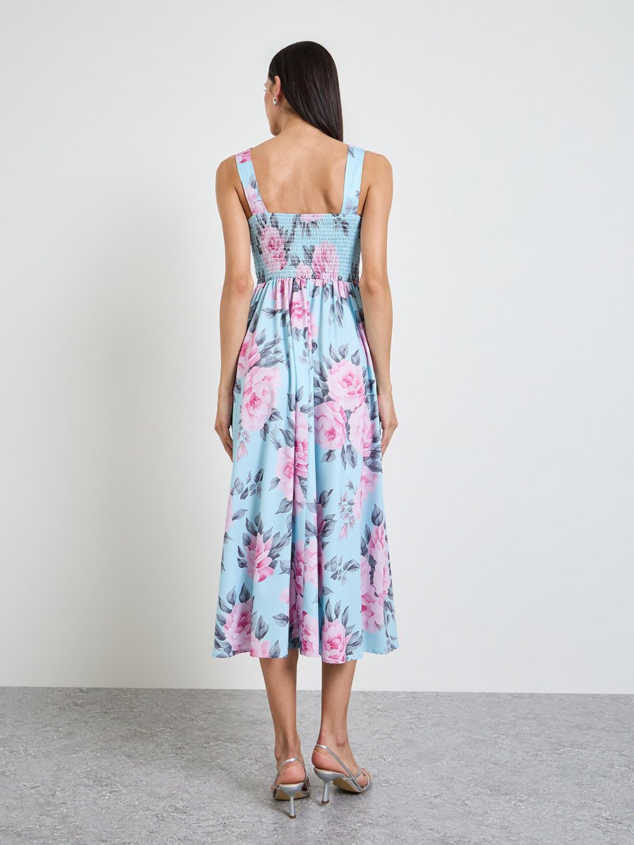 Blue Floral A-Line Midi Dress