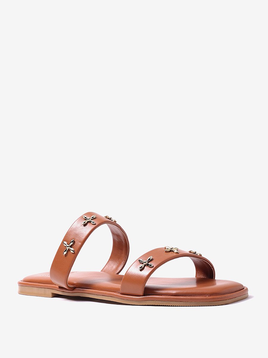 Tan Double Strap Sandals with Metal Adornment