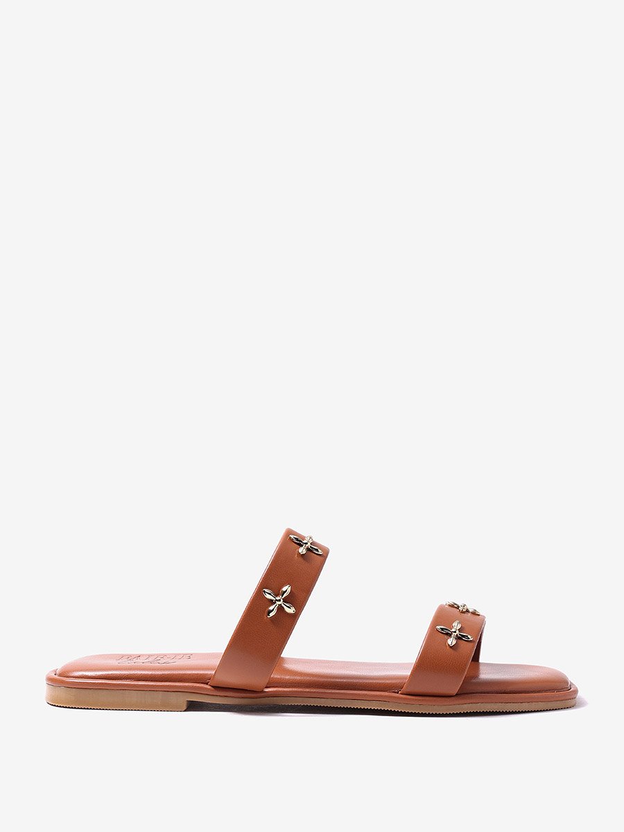 Tan Double Strap Sandals with Metal Adornment