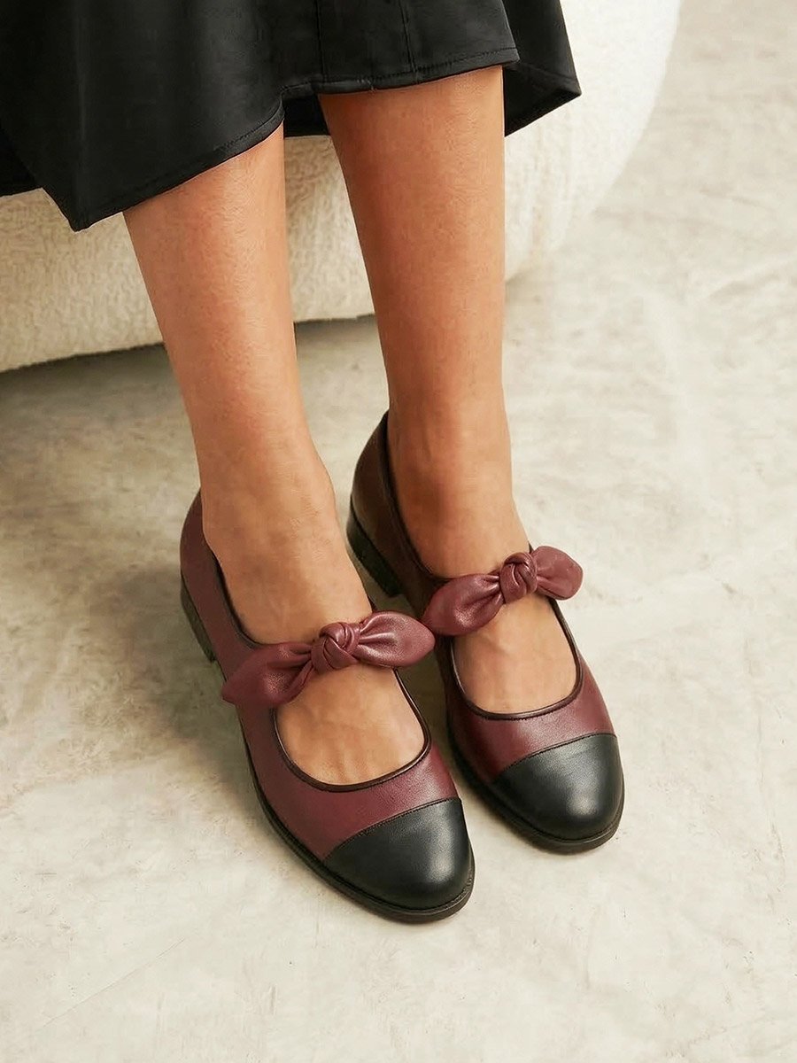 Wine Bow Detail Cap Toe Ballerinas