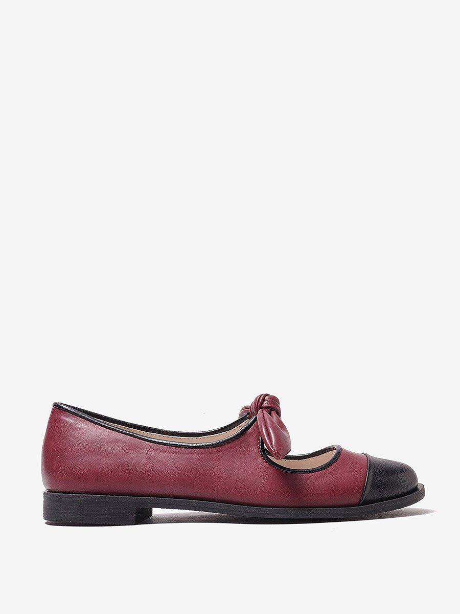 Wine Bow Detail Cap Toe Ballerinas