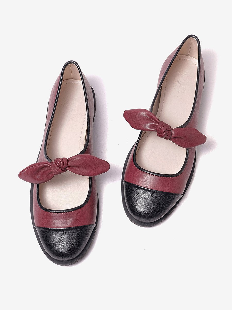 Wine Bow Detail Cap Toe Ballerinas