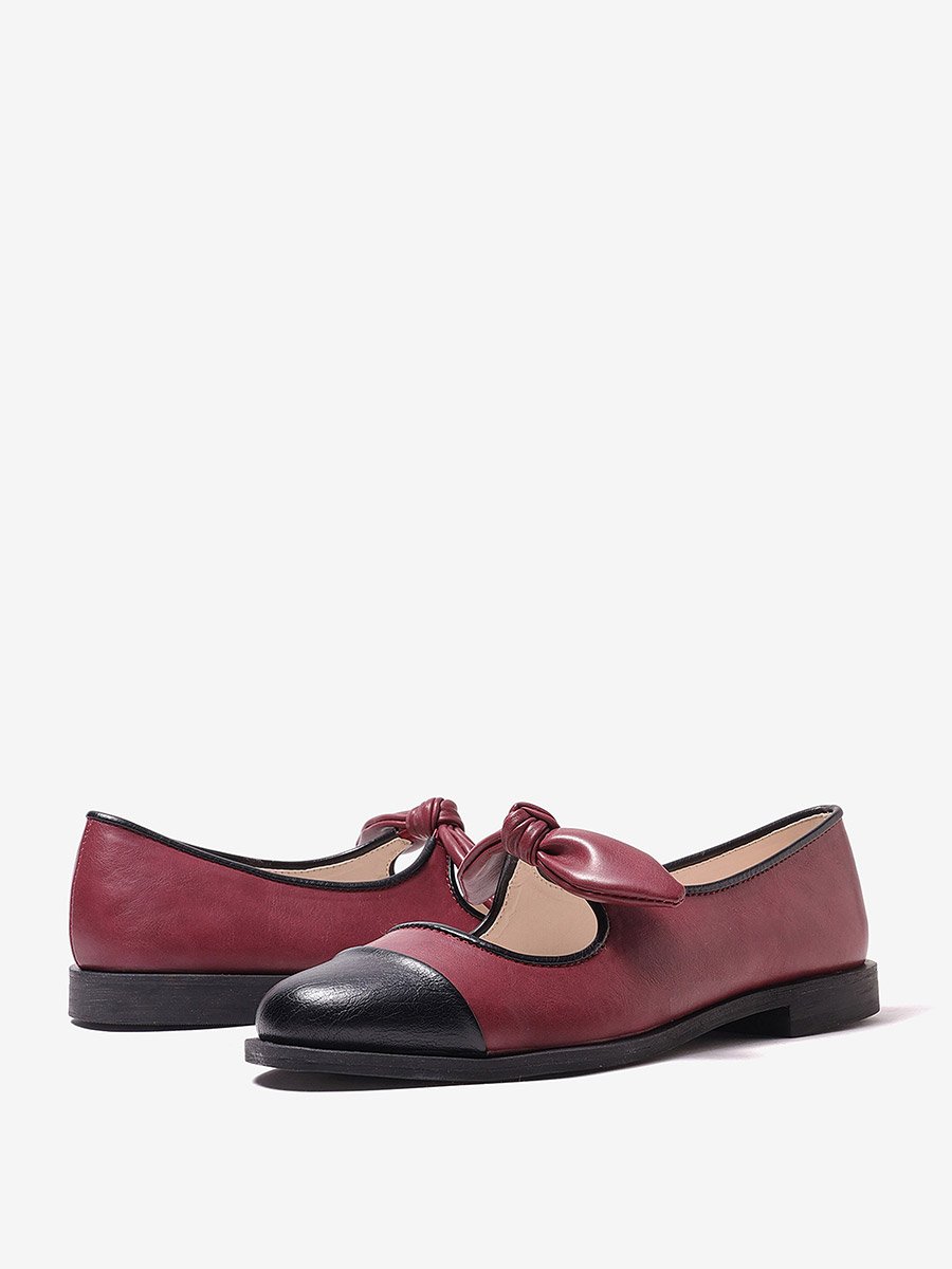 Wine Bow Detail Cap Toe Ballerinas