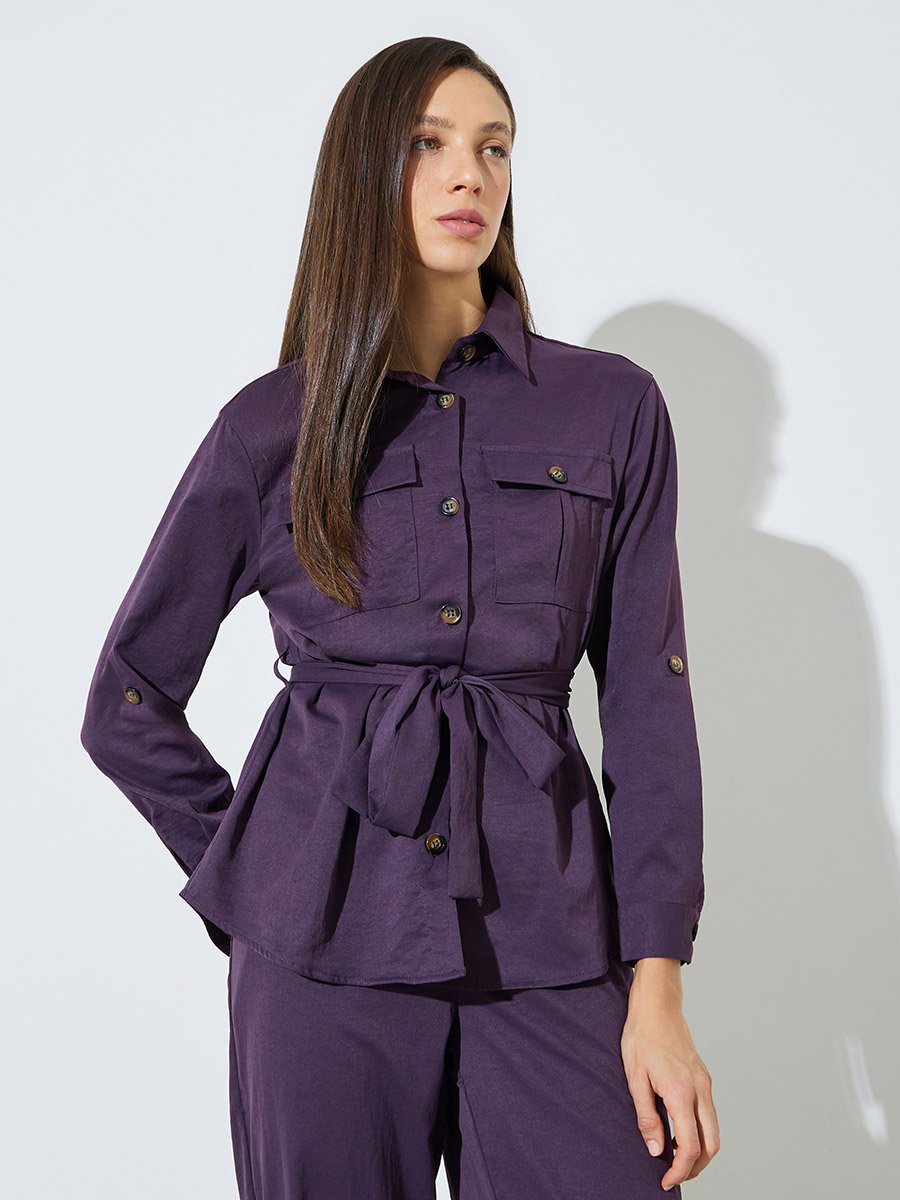 Purple Roll-Up Sleeve Pocketed Shirt and Pants Co-ord Set