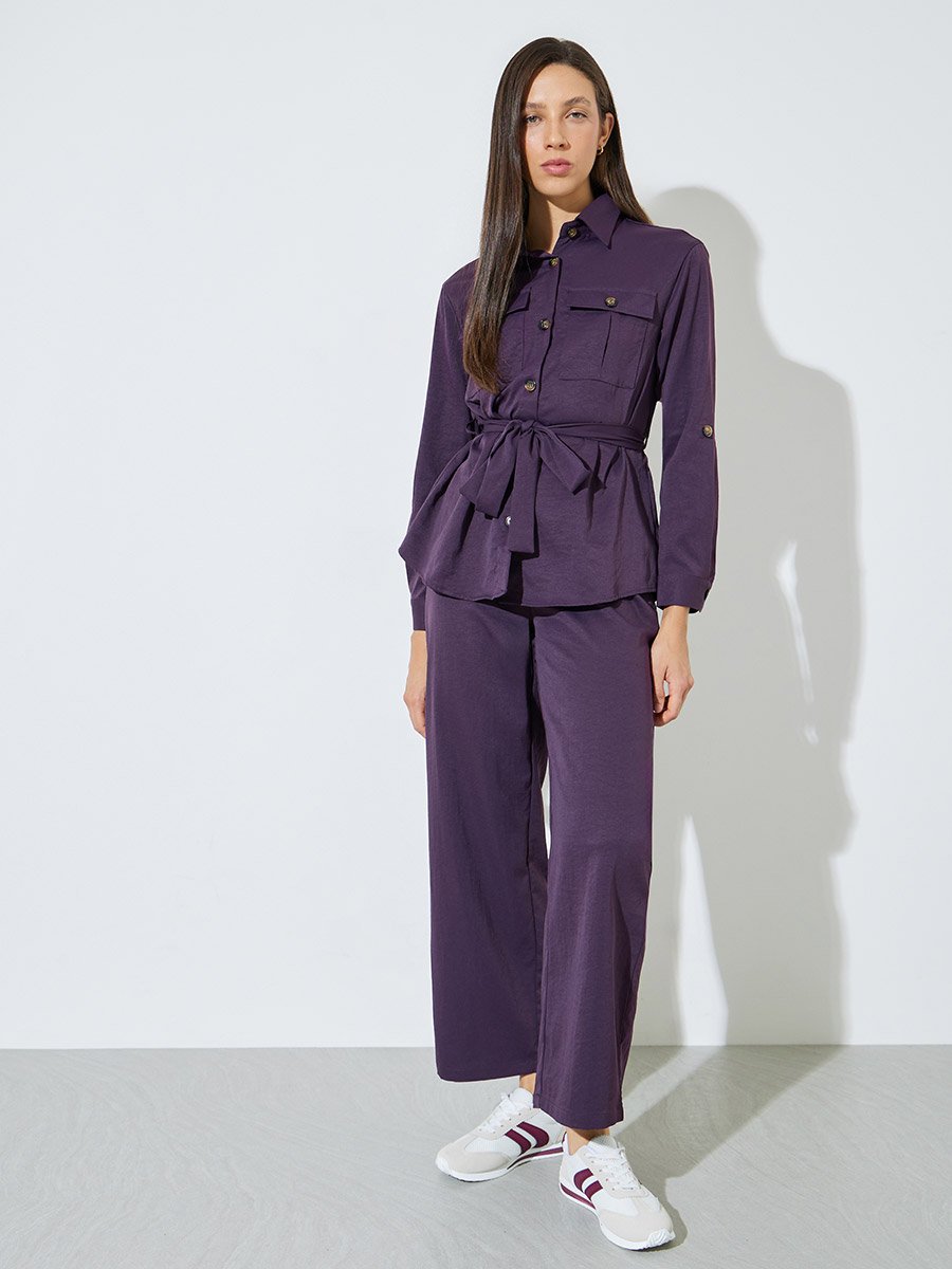 Purple Roll-Up Sleeve Pocketed Shirt and Pants Co-ord Set