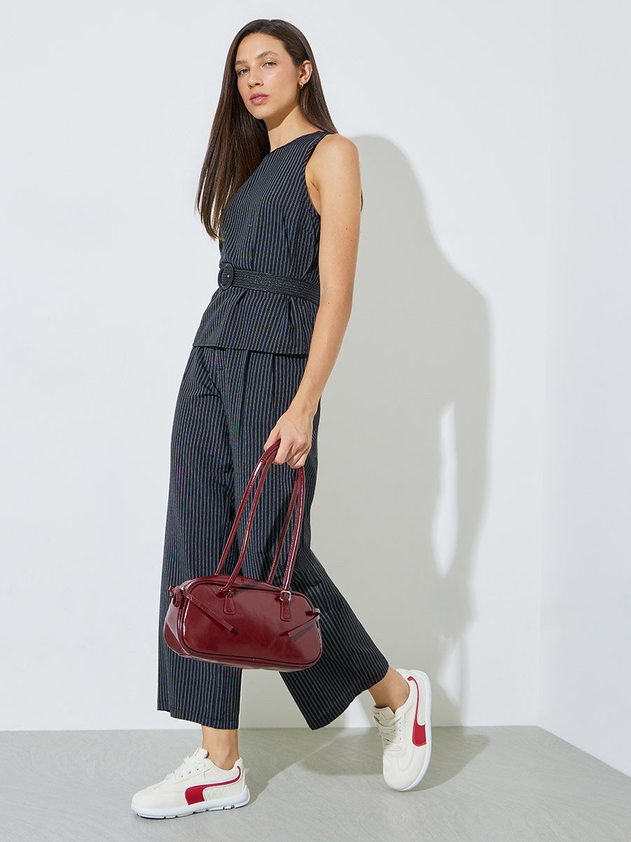 Black Striped Belted Top and Pants Co-Ord Set