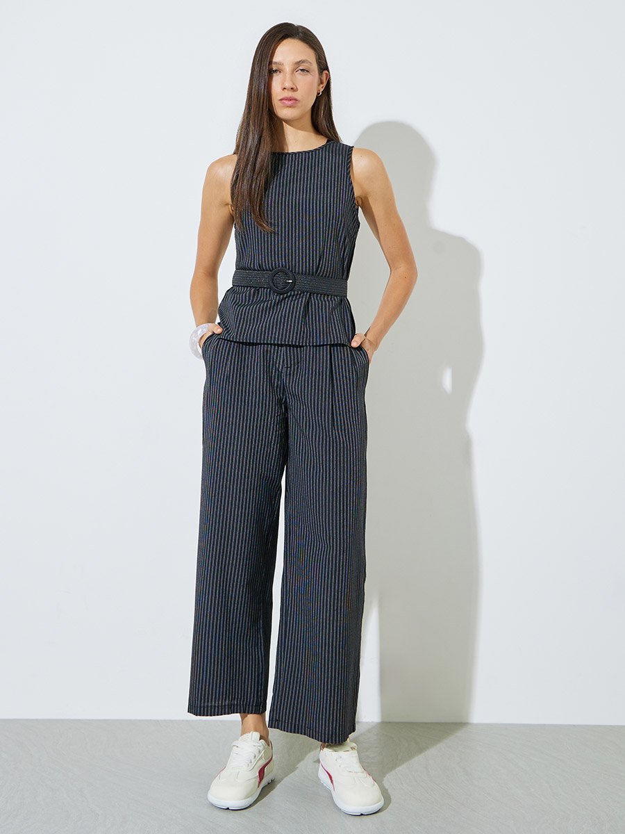 Black Striped Belted Top and Pants Co-Ord Set