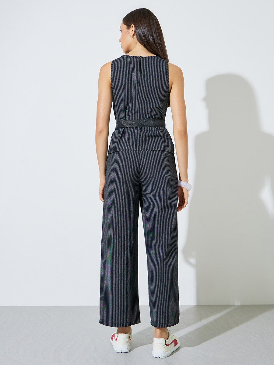 Black Striped Belted Top and Pants Co-Ord Set