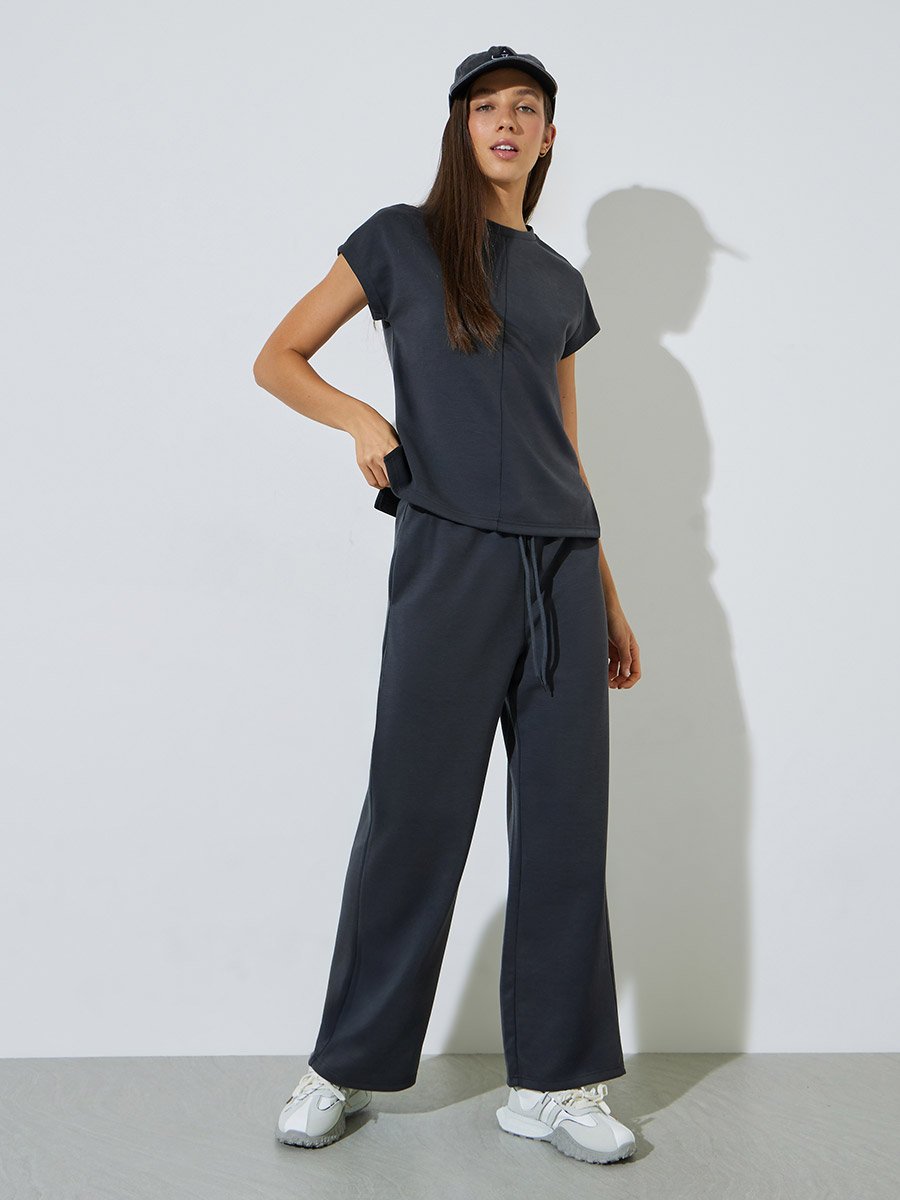 Charcoal Solid Round Neck T-Shirt and Joggers Co-ord Set