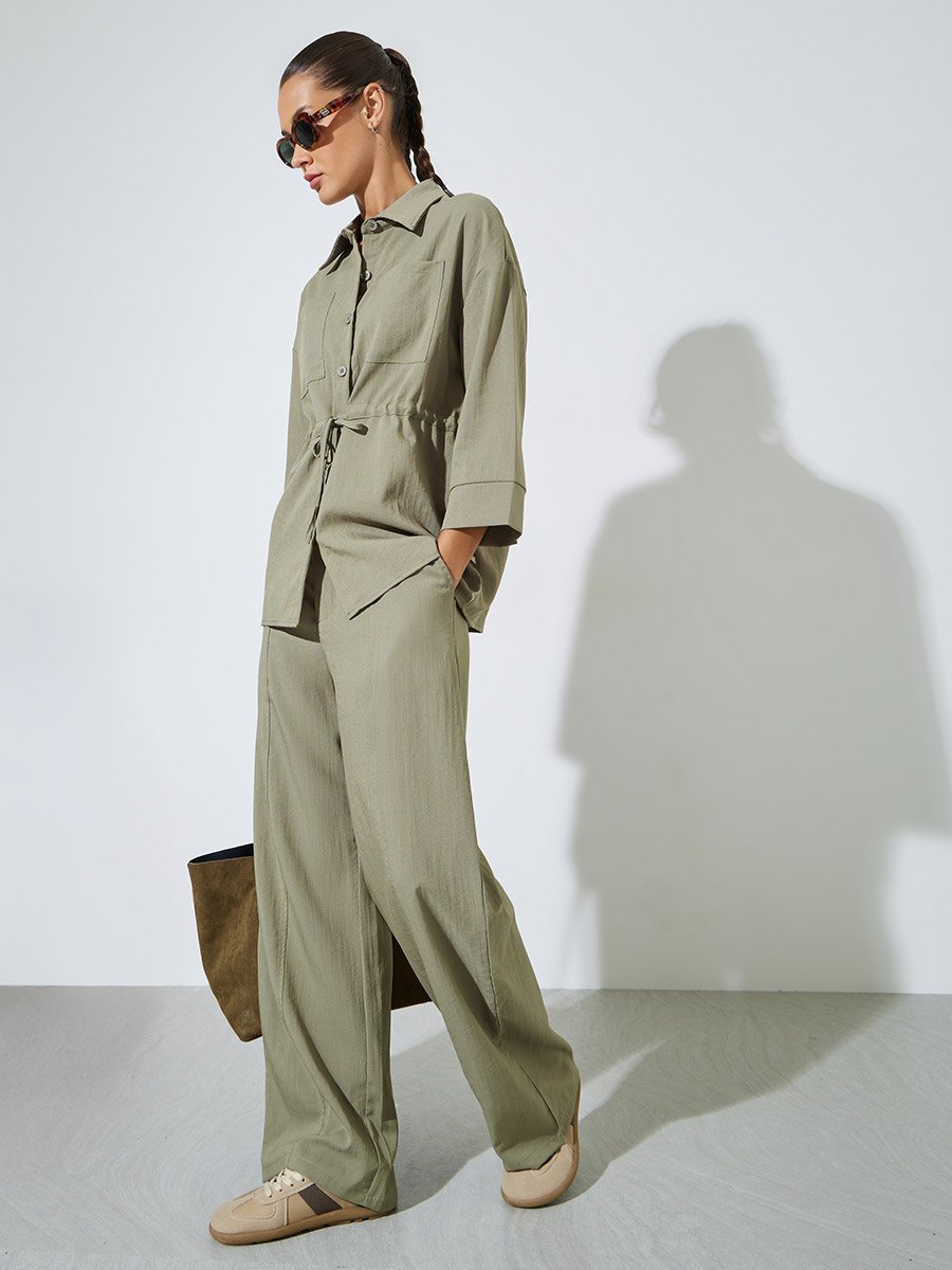 Khaki Solid Pocket Details Shirt and Wide Leg Trousers Set