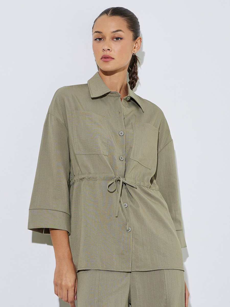 Khaki Solid Pocket Details Shirt and Wide Leg Trousers Set