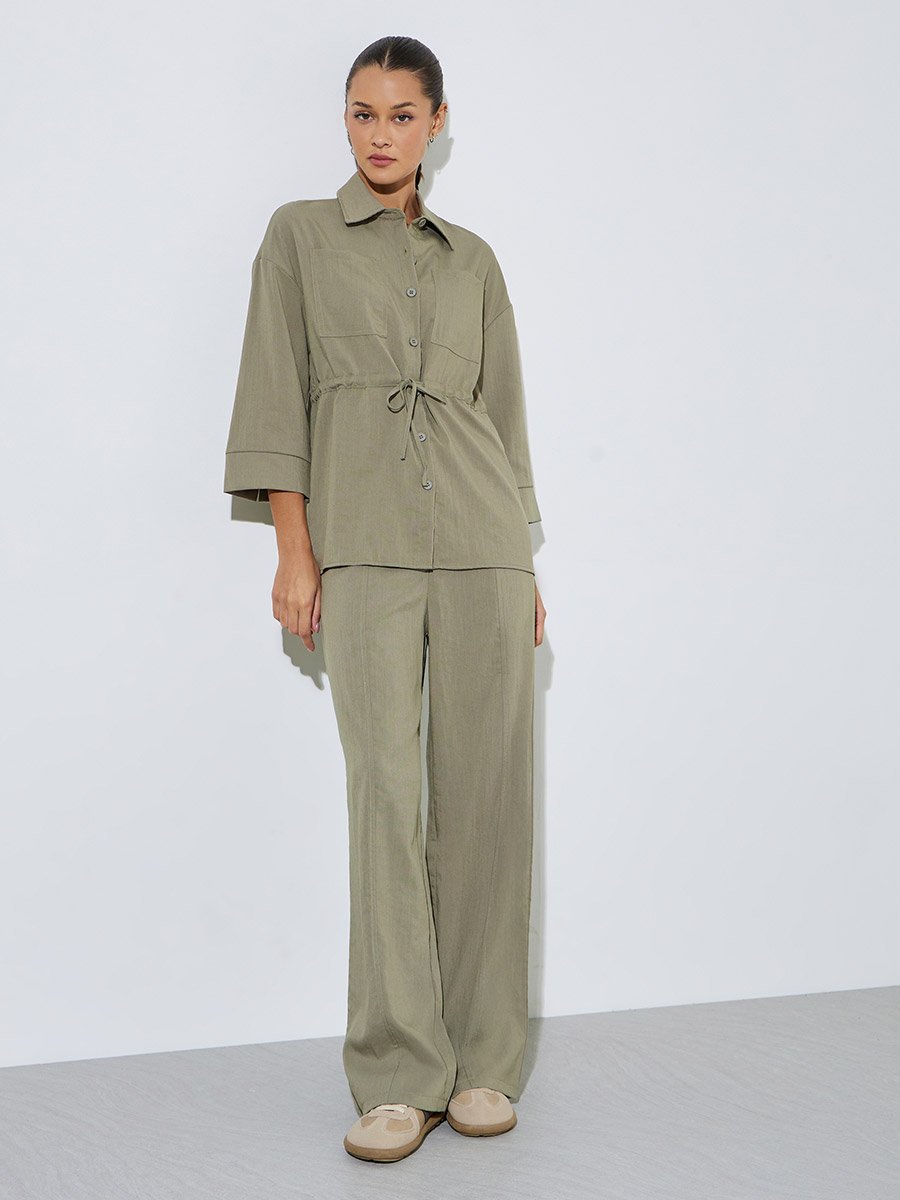 Khaki Solid Pocket Details Shirt and Wide Leg Trousers Set