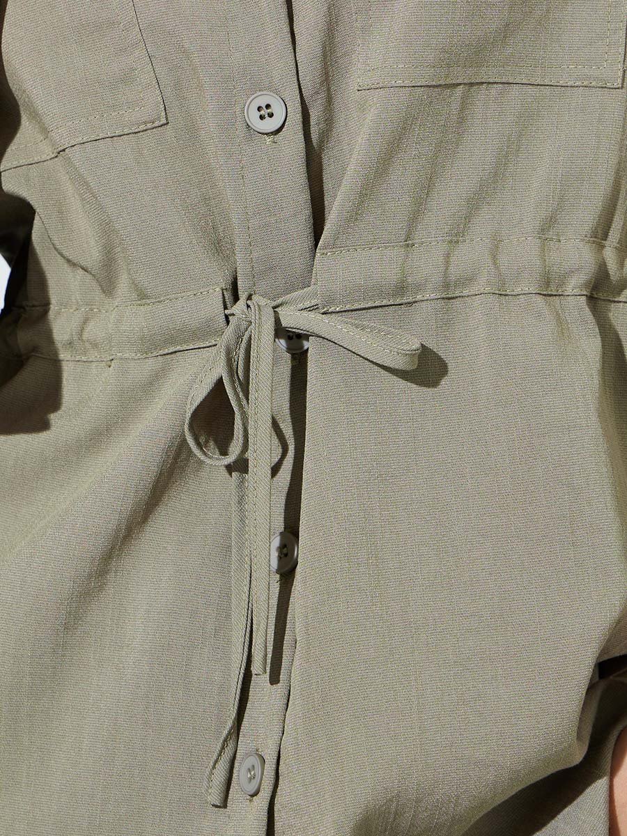 Khaki Solid Pocket Details Shirt and Wide Leg Trousers Set