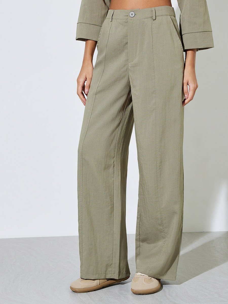 Khaki Solid Pocket Details Shirt and Wide Leg Trousers Set