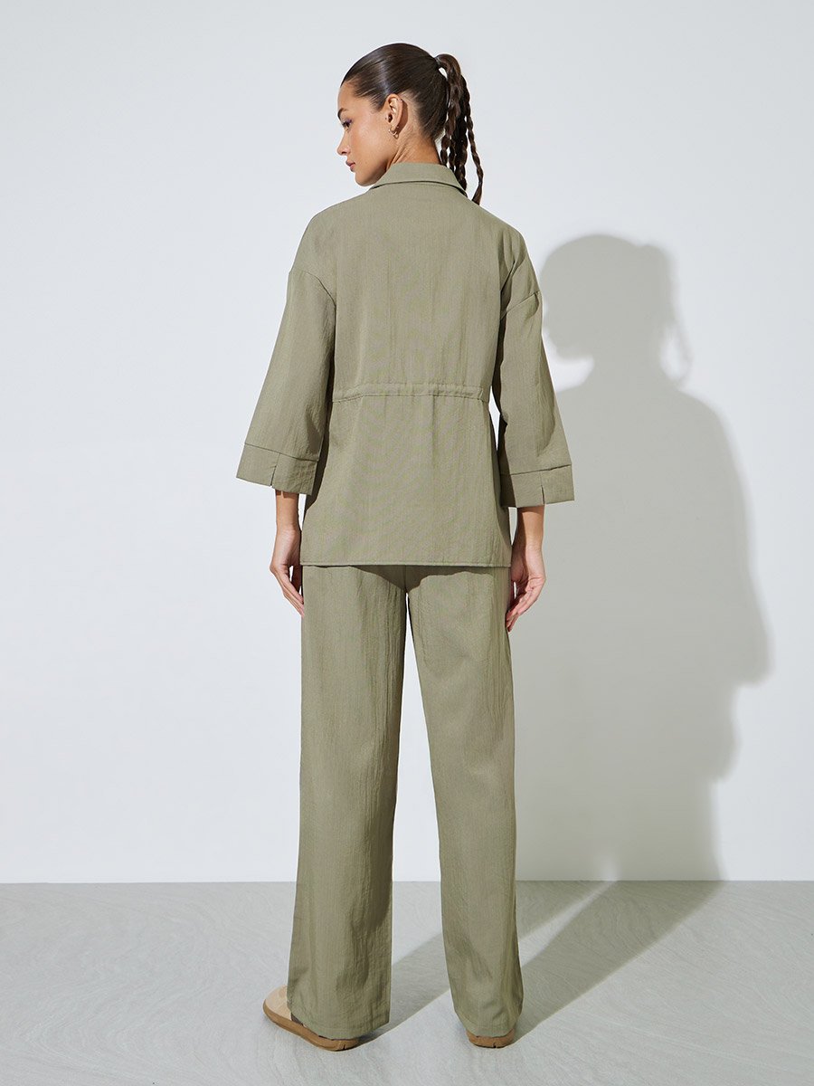 Khaki Solid Pocket Details Shirt and Wide Leg Trousers Set